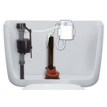 Toilet tank interior showing components like the fill valve and flush valve, suitable for a home improvement shopping article