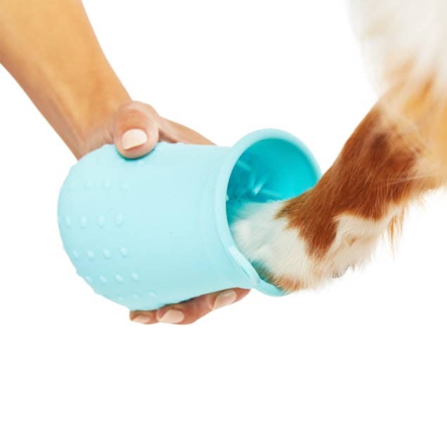 A person uses a soft silicone tool to gently clean a dog's paw