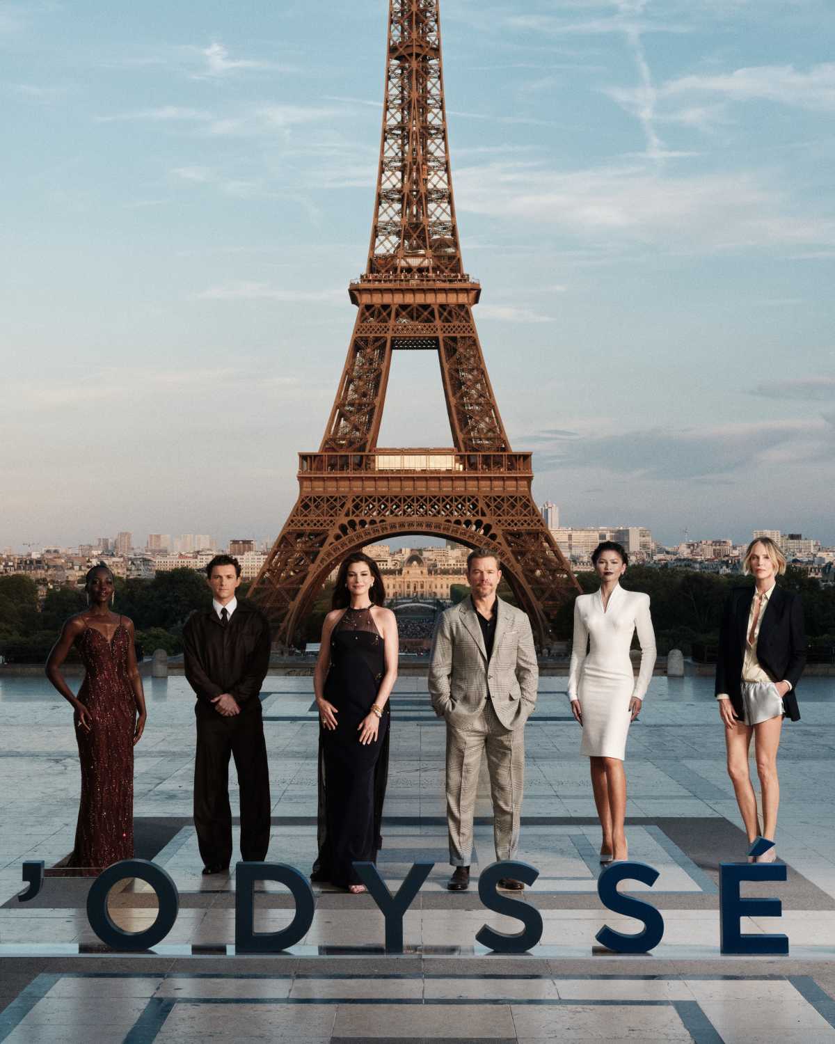 Lupita Nyong'o, Tom Holland, Anne Hathaway, Matt Damon, Zendaya, and Charlize Theron attend Universal Pictures THE ODYSSEY Paris Photocall at Trocadero Square on July 07, 2026 in Paris, France.