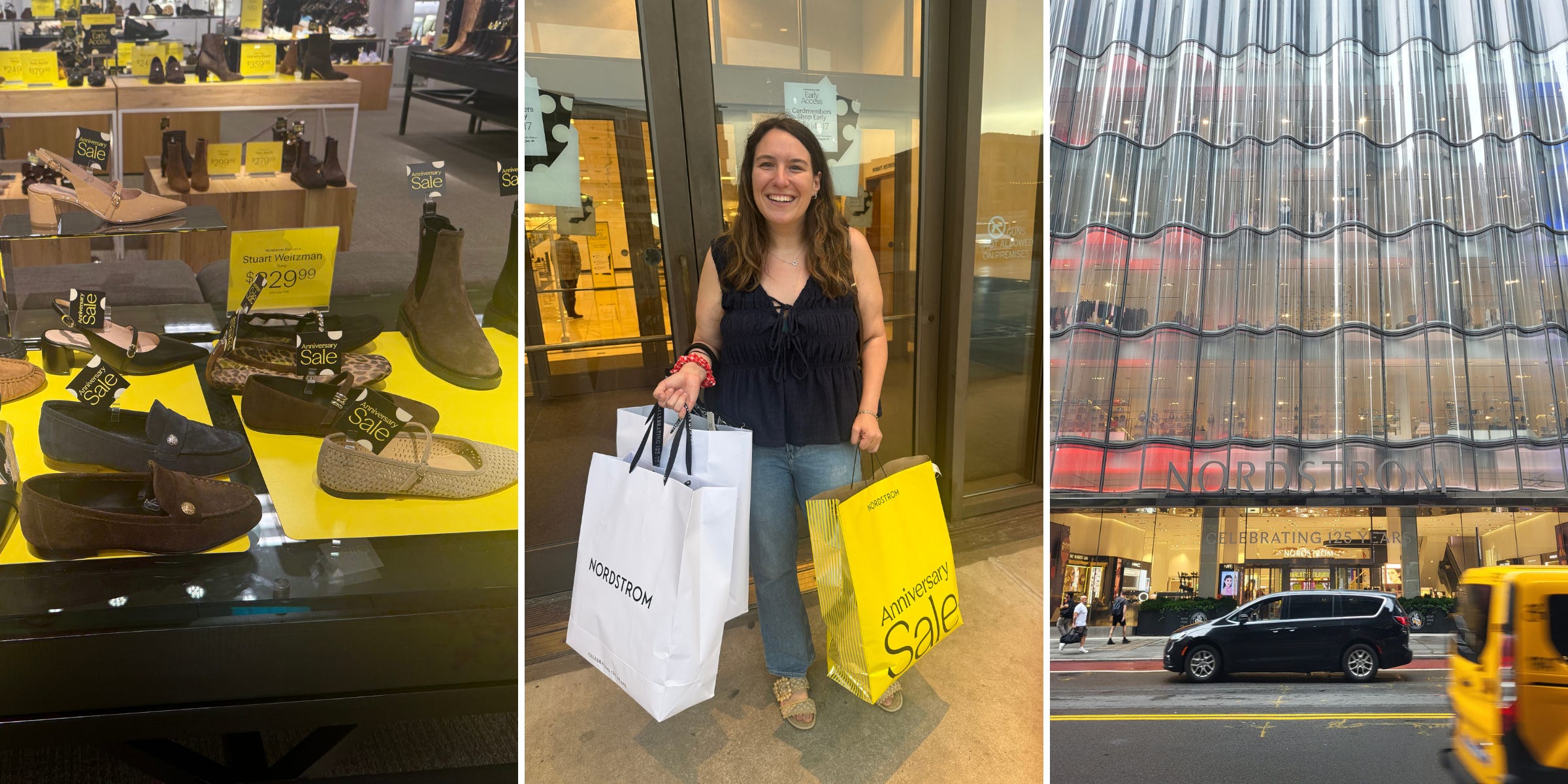 Collage shows Nordstrom sale shoes, a shopper holding Nordstrom bags, and a Nordstrom storefront on a city street.