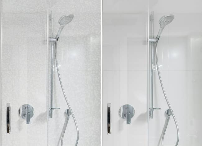 Shower comparison showing untreated glass on the left, treated glass on the right, illustrating cleaning product effectiveness for clearer results