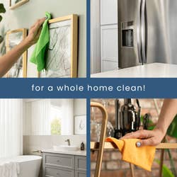 Person cleaning various home surfaces including art frame, fridge, bathroom sink area, and kitchen counter with cloths. Text: