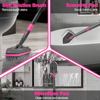 Three cleaning tools highlighted: a stiff bristles brush for stains, scouring pad for baths, and a microfiber pad for mirrors and windows