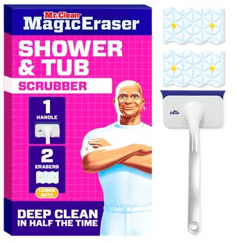 Mr. Clean Magic Eraser Shower & Tub Scrubber package with product and two replaceable erasers; advertised for fast deep cleaning