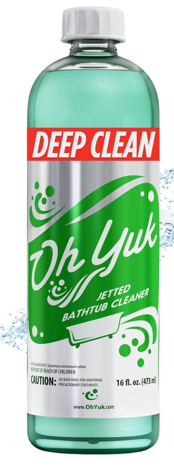 Bottle of Oh Yuk Jetted Bathtub Cleaner with splashing water background; marketed as a deep cleaner with global positive reviews