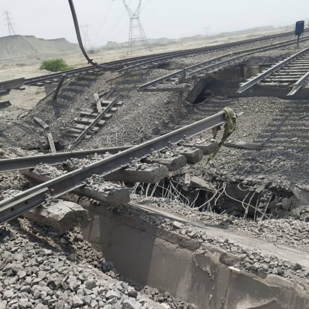The destroyed bridge and railway line at Bandar Abbas