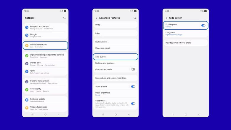 Multiple phone screenshots illustrate steps to turn on Double Press side key options.