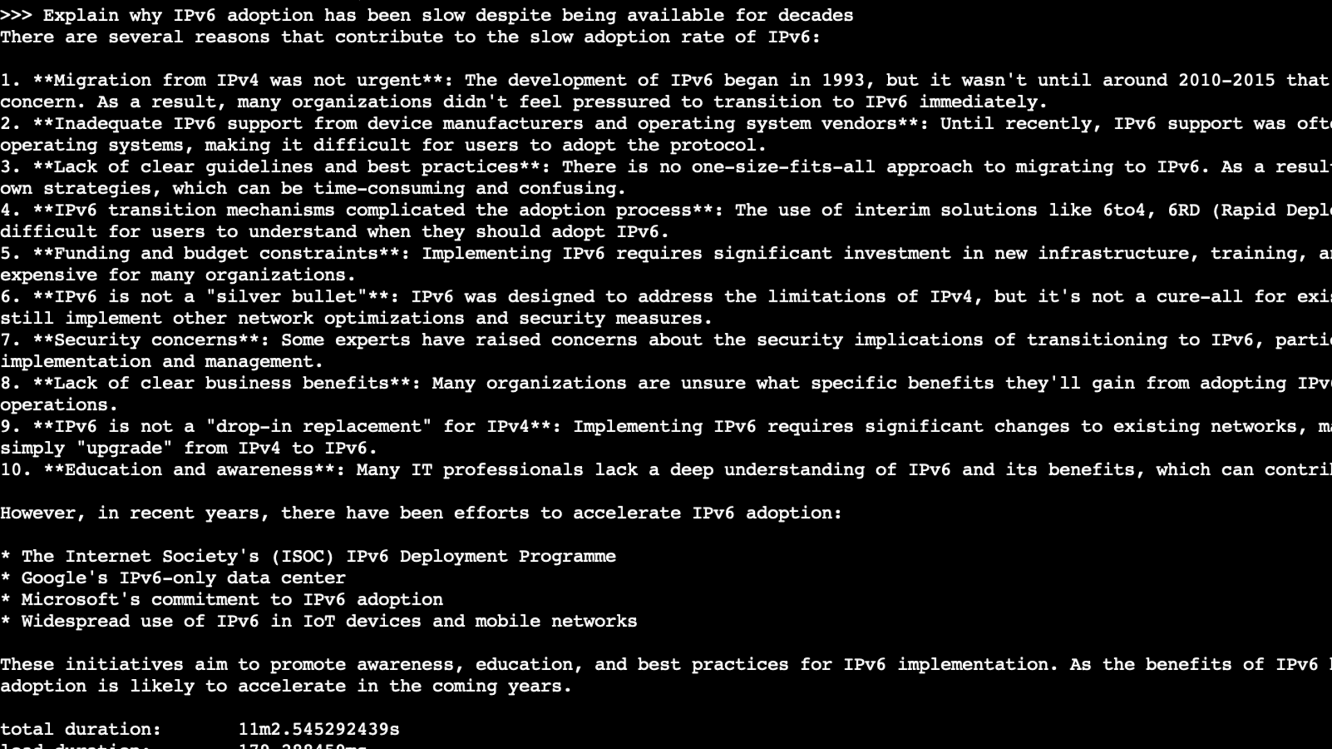 Ollama terminal showing the response to Explain why IPv6 adoption has been slow despite being available for decades.