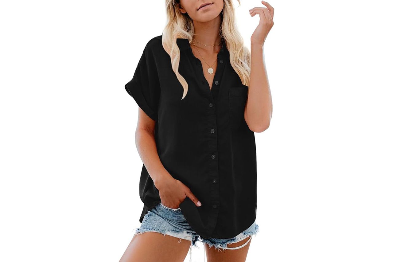 Womens Button Down Casual Shirts Cotton Short Sleeve Blouses Solid Summer Tops with Pocket