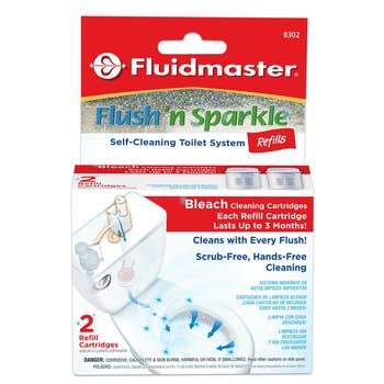 Fluidmaster Flush 'n Sparkle refill pack for toilet cleaning. Advertises bleach cleaning cartridges for hands-free flushing and easy maintenance