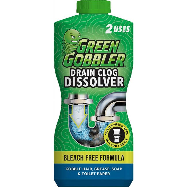 Green Gobbler Drain Clog Dissolver bottle features label: