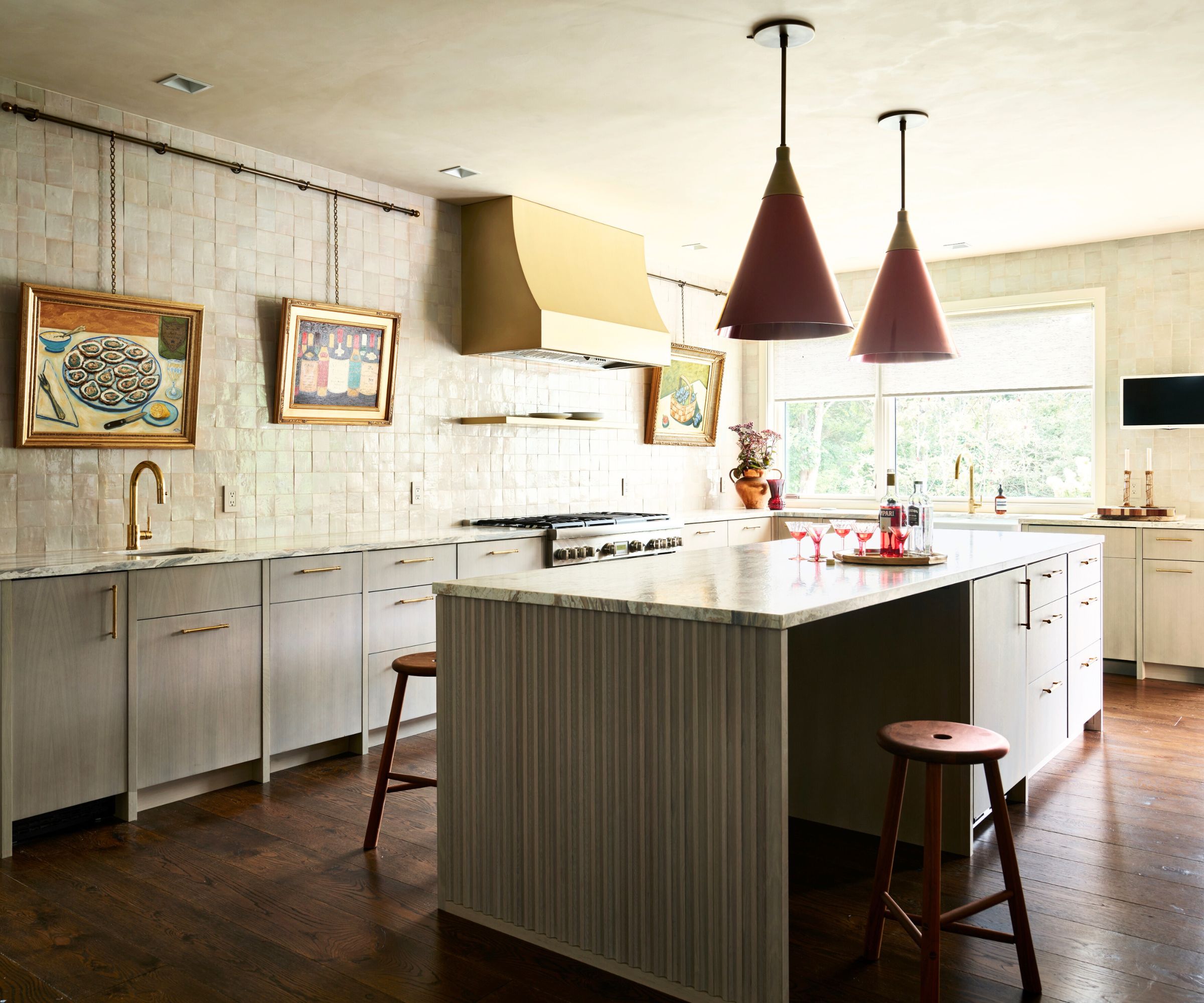 kitchen with pearl zellige tiles cone lights
