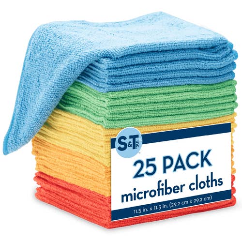 Stack of 25 microfiber cloths in blue, green, yellow, and red. Package label reads