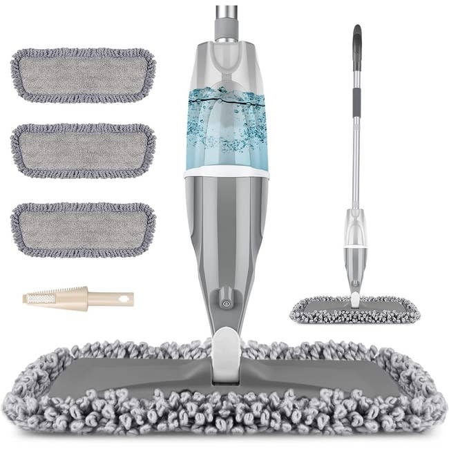 Spray mop set with a detachable bottle, reusable cleaning pads, and a small brush, suitable for household floor maintenance