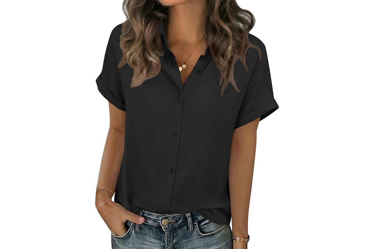 Zeagoo Short Sleeve Summer Tops for Women Casual Button Down Shirts Solid/Striped Business Work Blouses