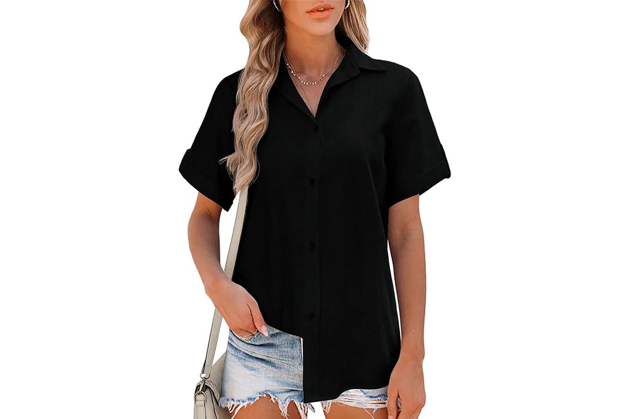 HOTOUCH Women Summer Button Down Shirt Short Sleeve Cotton Blouses Button Up Tops Beach Vacation Outfits