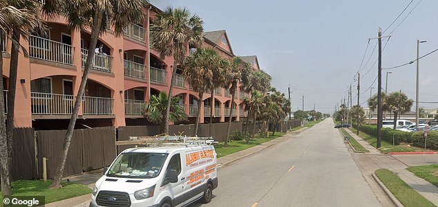 The child was found alone in the middle of the well-trafficked roadway around 9.45 am on 59th street in Galveston, between a grocery store and the Beachfront Palms Hotel (pictured)