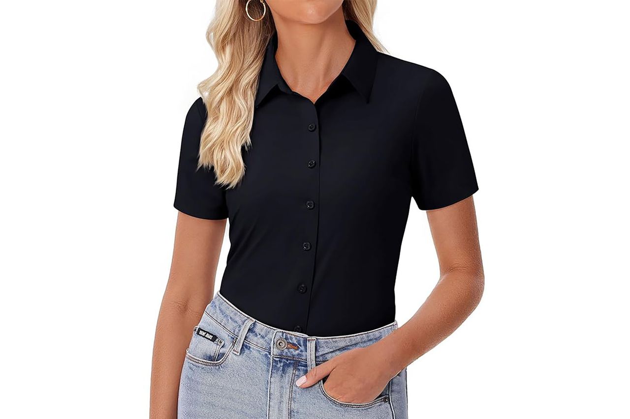 siliteelon Womens Button Down Shirt Slim Fit Stretch Short Sleeve Dress Shirt Wrinkle Free Collared Business Work Blouse Top
