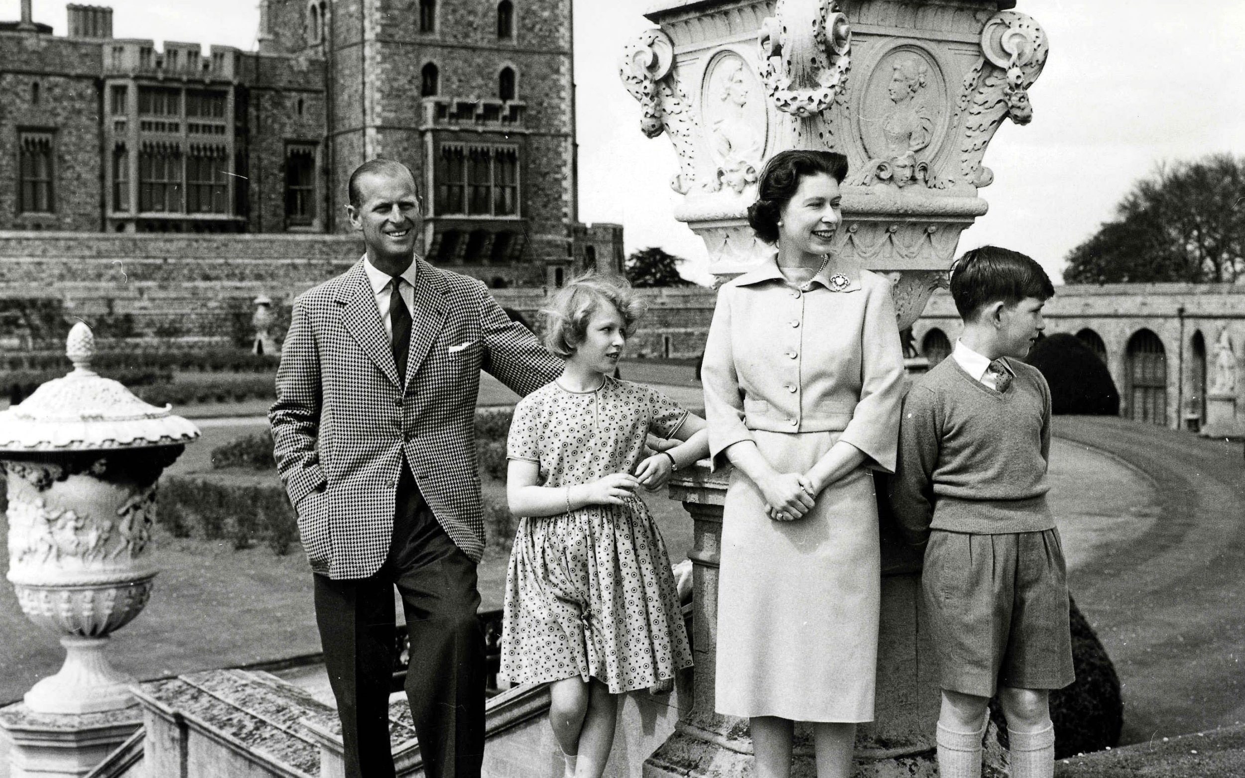 6th June 1959, A picture of the Royal family on top of the East Terrace Garden stops with the Brunswick Tower in the background, at the Royal retreat Windsor Castle
