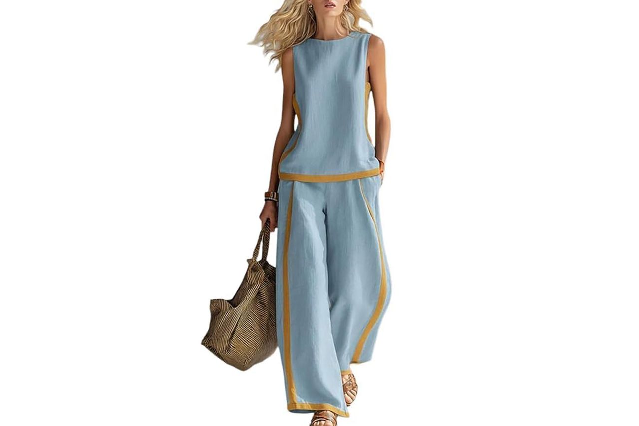 Fronage Women's 2 Piece Outfits Sleeveless Top Matching Pants Cotton Linen Color Block Summer Casual Vacation Lounge Sets