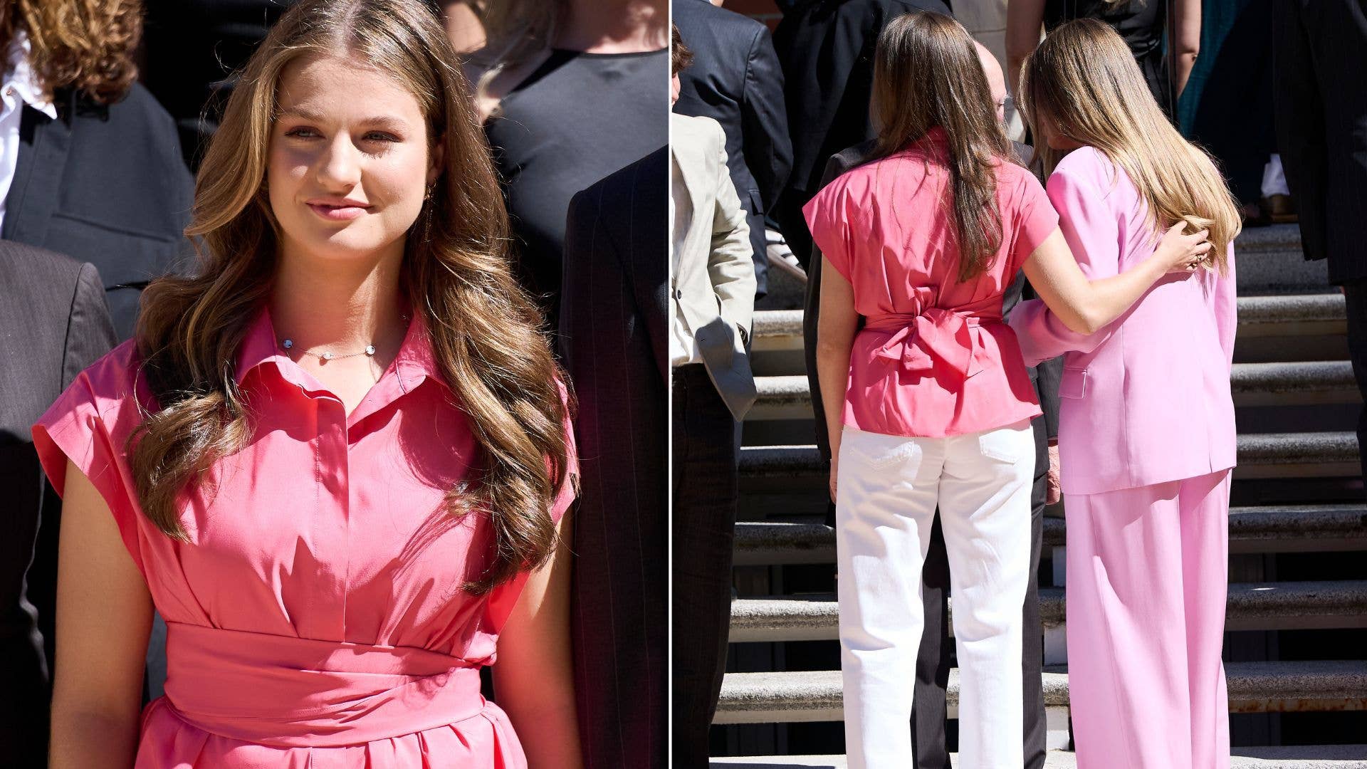Crown Princess Leonor and Infanta Sofia twin as royal Barbies in matching pink outfits during royal outing
