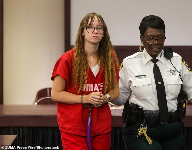 Moore faces up to 30 years in prison if convicted of manslaughter, with prosecutors alleging she suffocated her newborn baby and left it in a trash bag. She is pictured above during a court appearance in November last year