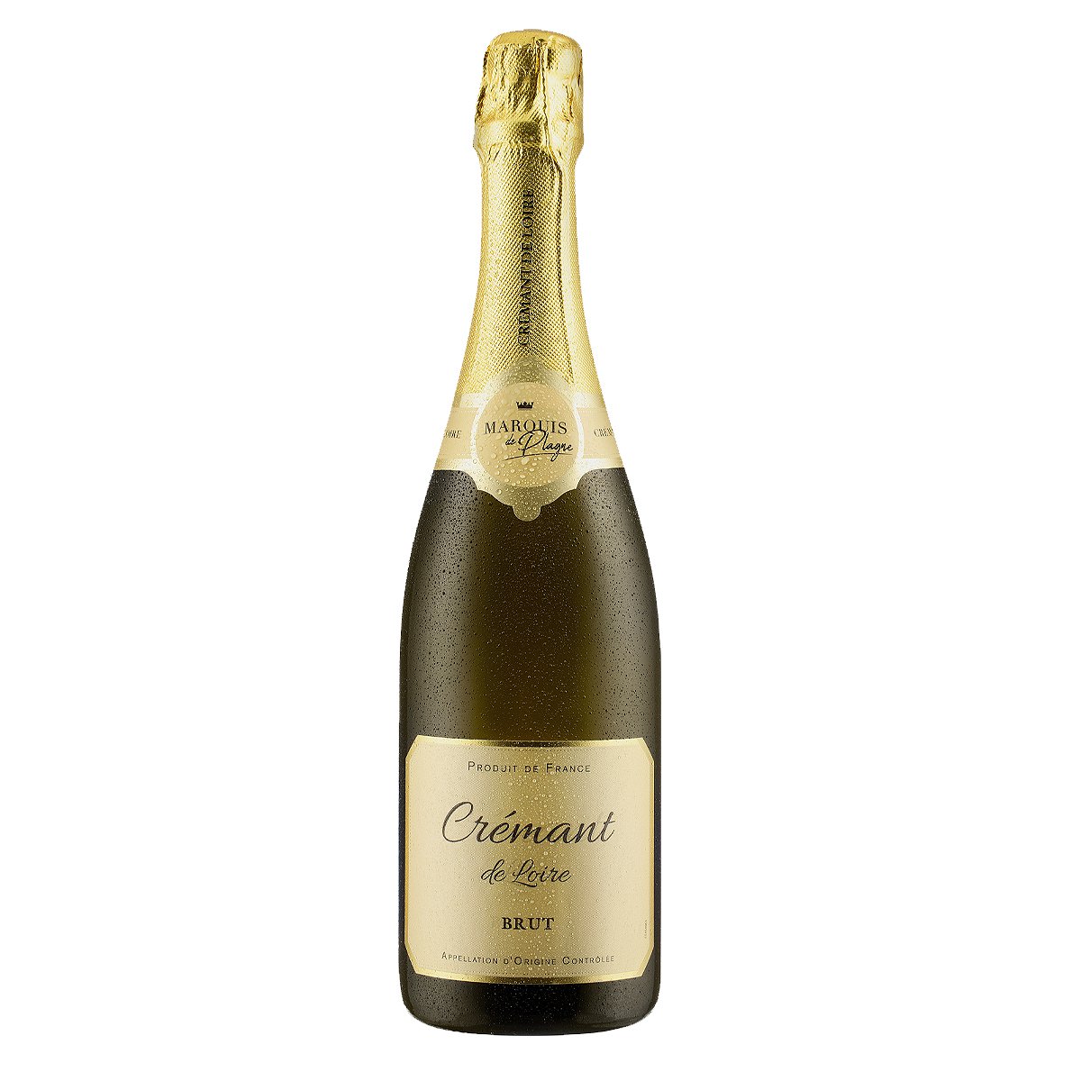 A bottle of Crémant de Loire AOC Brut on a white background