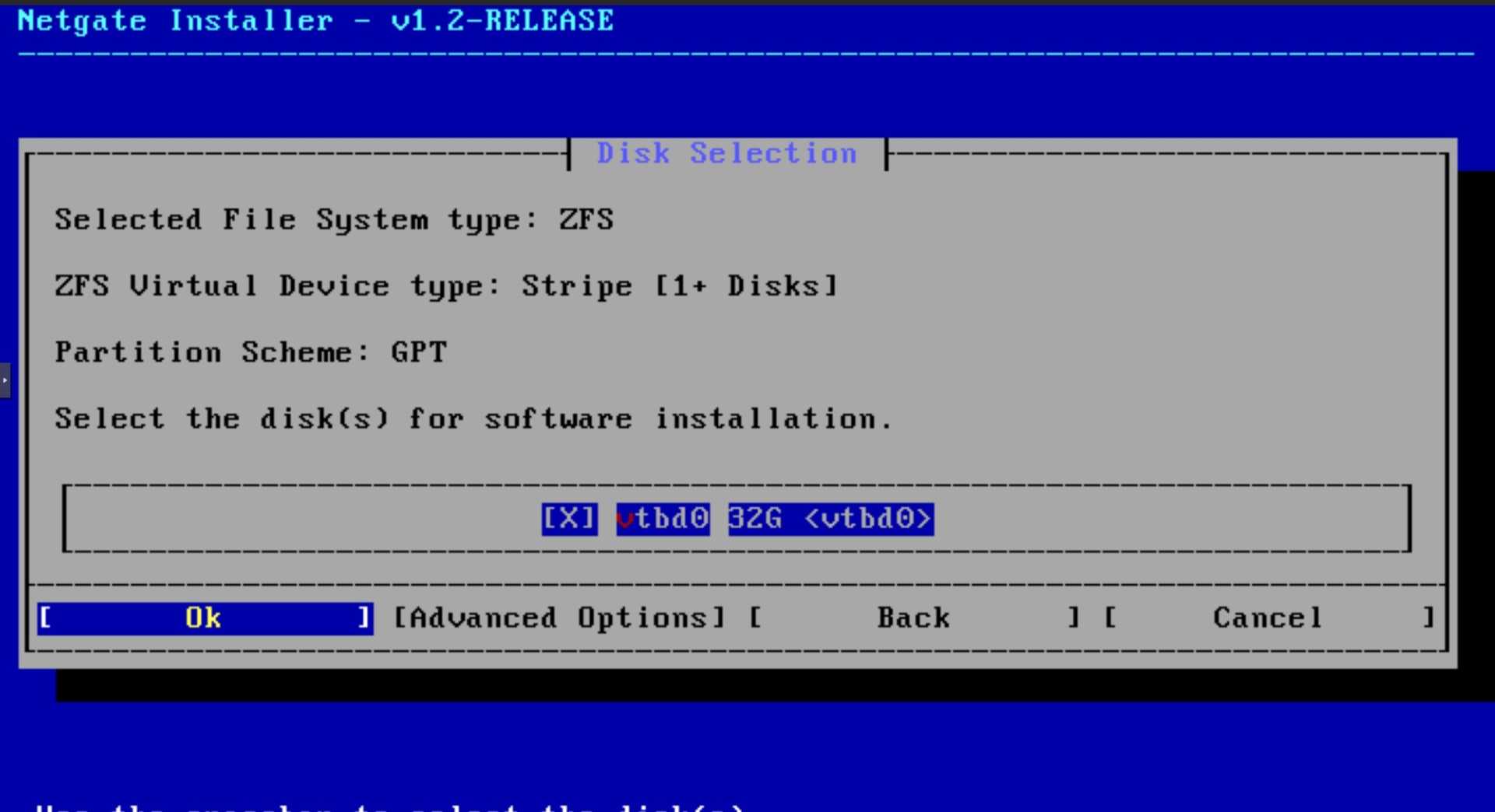The pfSense installer prompting you to set up the storage.