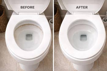 Before and after images of a toilet showing a stained bowl on the left and a clean bowl on the right