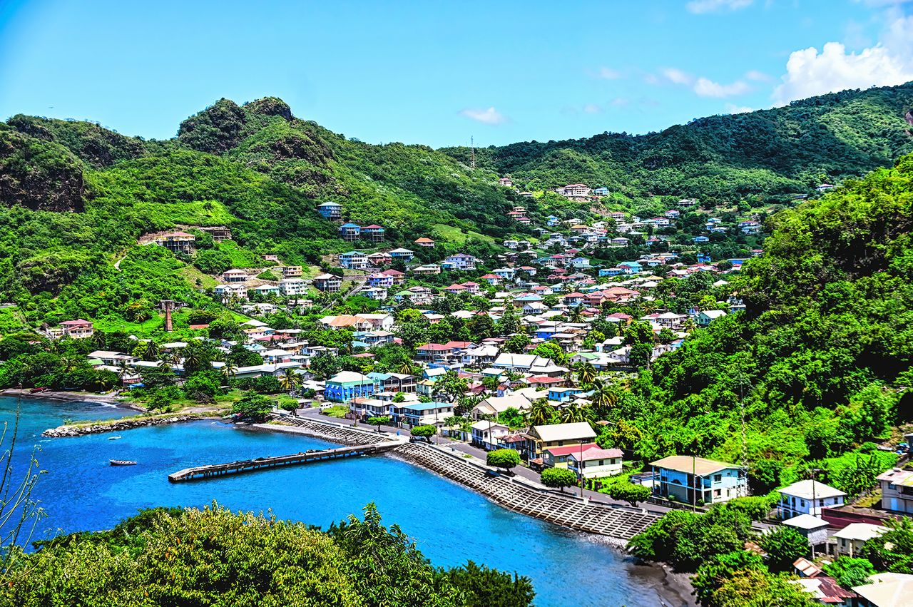 A scenic coastal town surrounded by hills and greenery featuring waterfront buildings and a small pier in a bay
