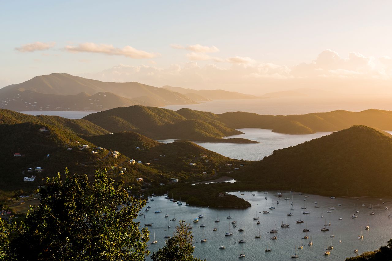 A scenic mountainous landscape with bays and boats US Virgin Islands
