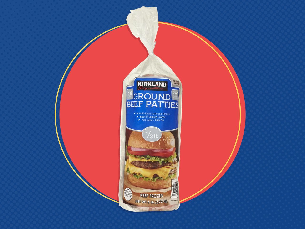 Package of Kirkland Signature Ground Beef Patties on a red and blue background