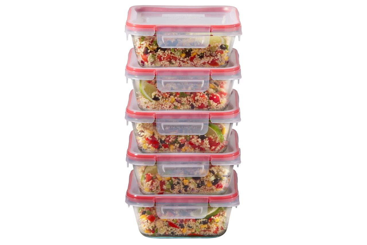 Pyrex Freshlock (5-Pack, 4 Cup) Glass Food Storage Containers Set, Airtight & Leakproof Plastic Locking Lids BPA-Free, Meal Prep Containers Set, Freezer Dishwasher Microwave Safe