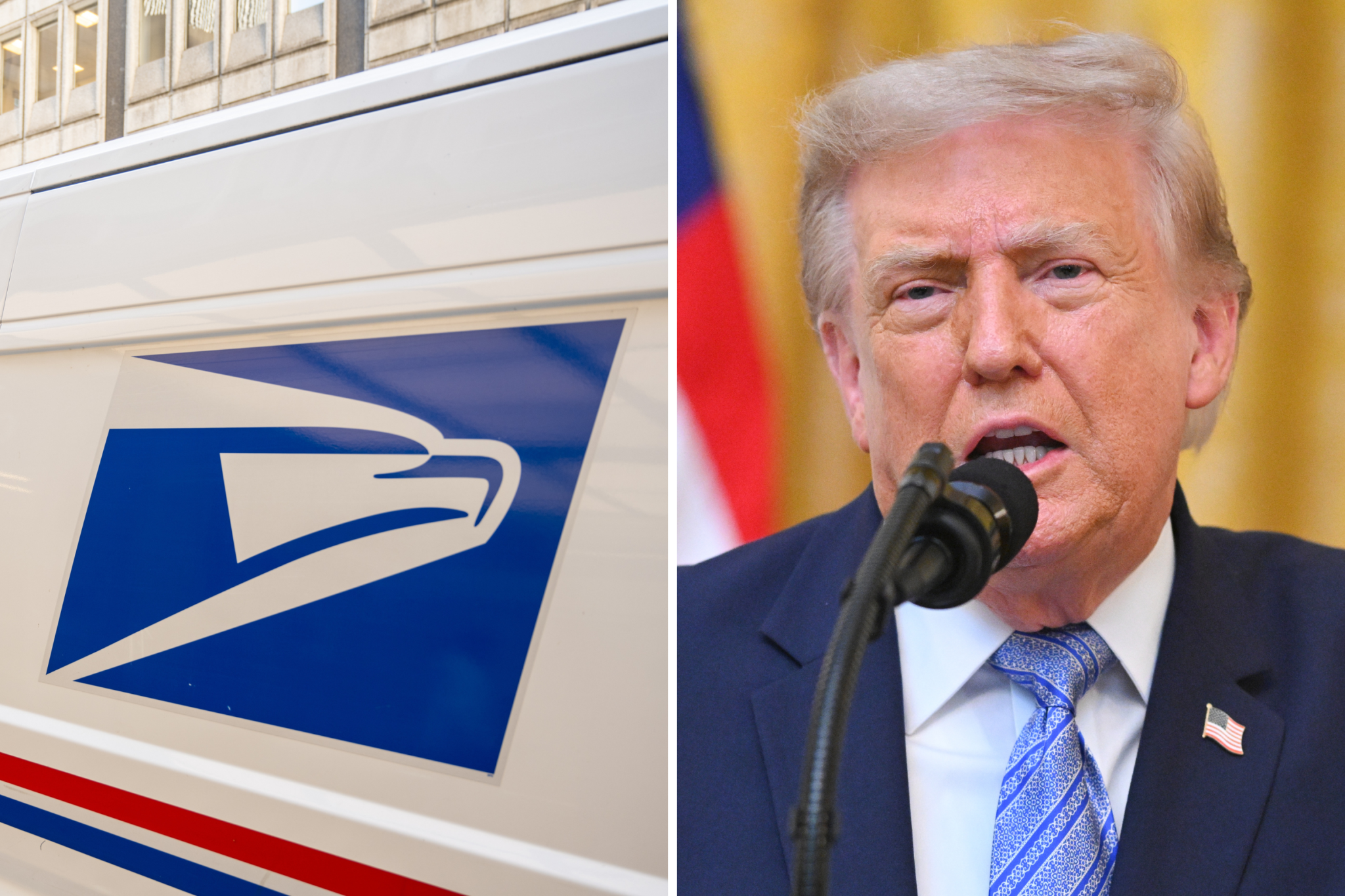 Left: USPS delivery van in San Francisco, California, February 21, 2025. Right: Donald Trump addresses the nation from the East Room of the White House on July 16, 2026, in Washington, DC.