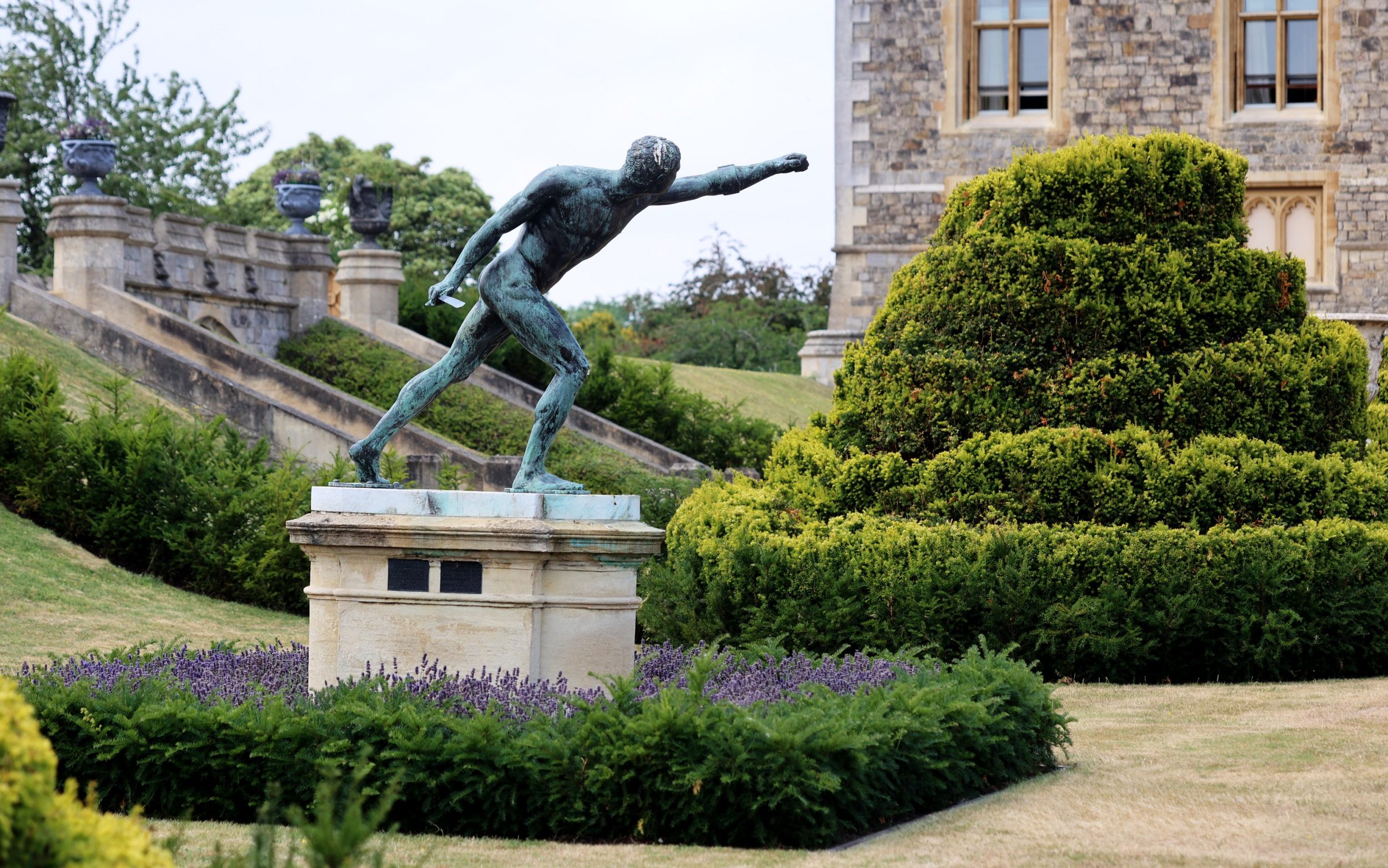 View of a the Borghese gladiator sculpture in the Venus Garden at Windsor Castle