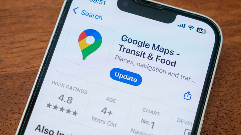 A smartphone displaying the Google Maps page within the Apple App Store app, the app needs a software update as indicated by the Update icon shown on screen