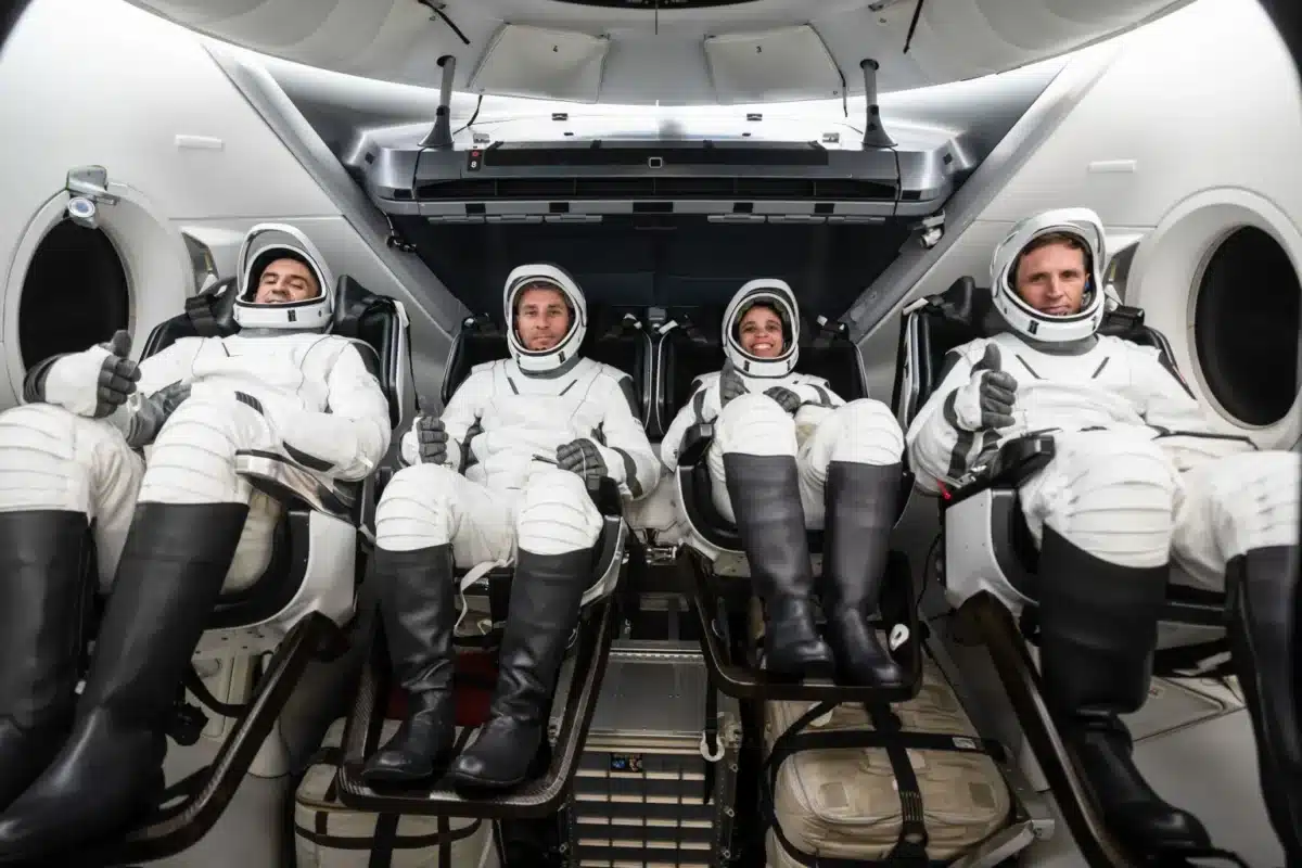 NASA’s SpaceX Crew-13 members are pictured in their pressure suits seated inside a mockup Dragon spacecraft during a preflight training session at the company’s headquarters in Hawthorne, California. From left to right, Roscosmos Sergey Teteryatnikov, NASA astronauts Luke Delaney and Jessica Watkins, and CSA (Canadian Space Agency) astronaut Joshua Kutryk.Credit: SpaceX