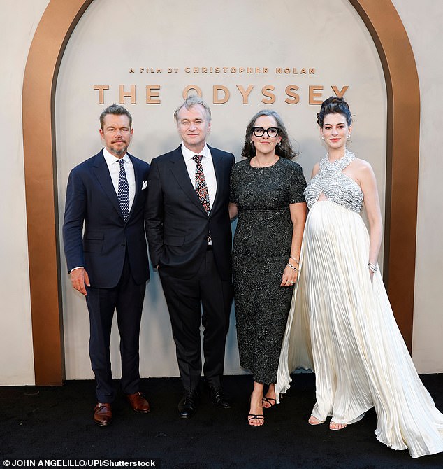 Damon, Nolan, Thomas, and Anne Hathaway are seen left to right at The Odyssey premiere in New York on Monday