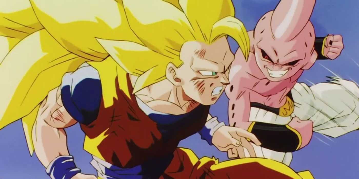 Goku fights Kid Buu while utilizing his Super Saiyan 3 form in Dragon Ball Z.