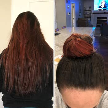 Person with long hair photographed from the back and then with hair styled in a bun. Living room background visible