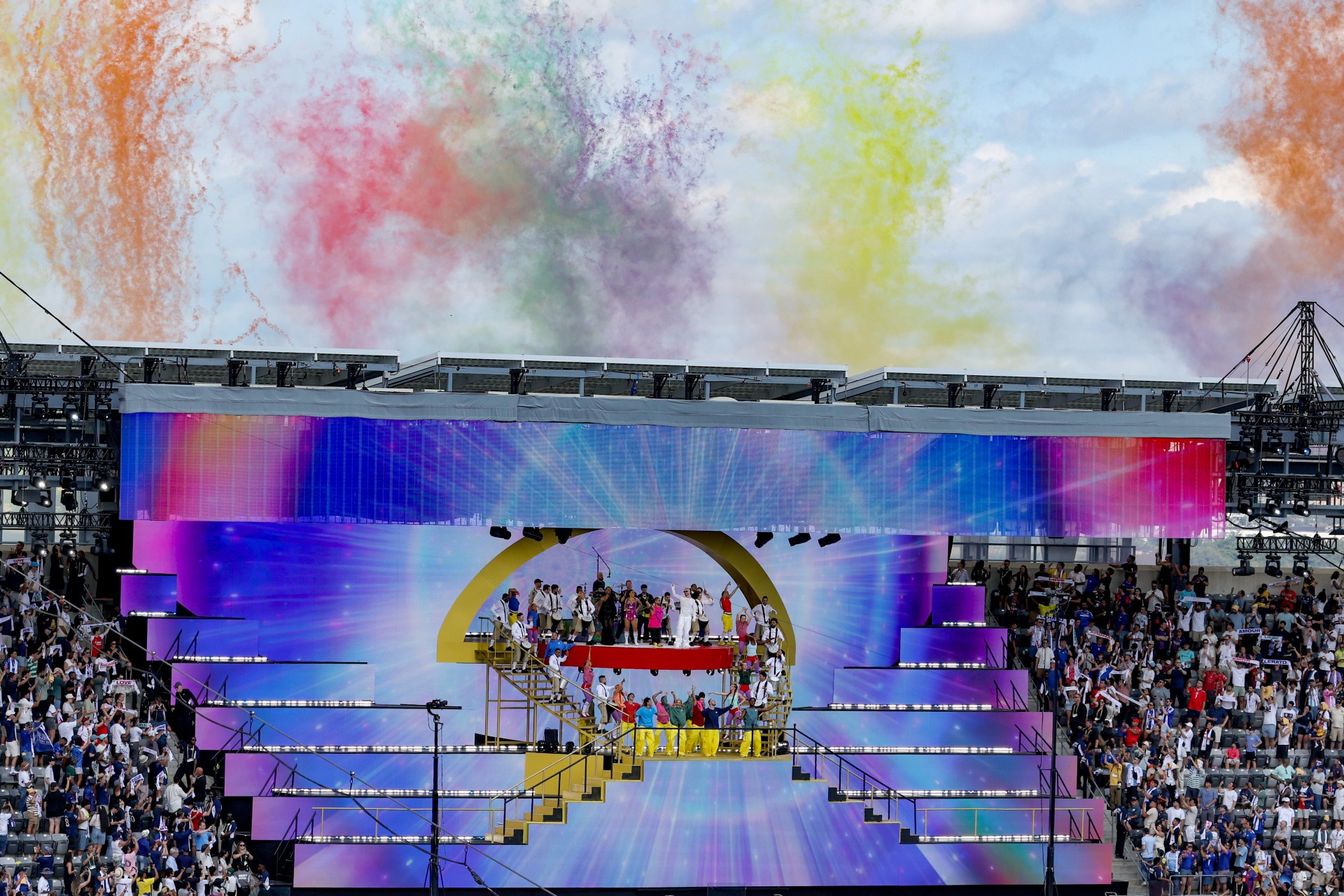 Tems, Doja Cat, Emmanuel Kelly, Chris Martin of Coldplay and J Balvin perform during the halftime show during the FIFA Club World Cup 2025 Final match between Chelsea FC and Paris Saint-Germain at MetLife Stadium on July 13, 2025 in East Rutherford, New Jersey.
