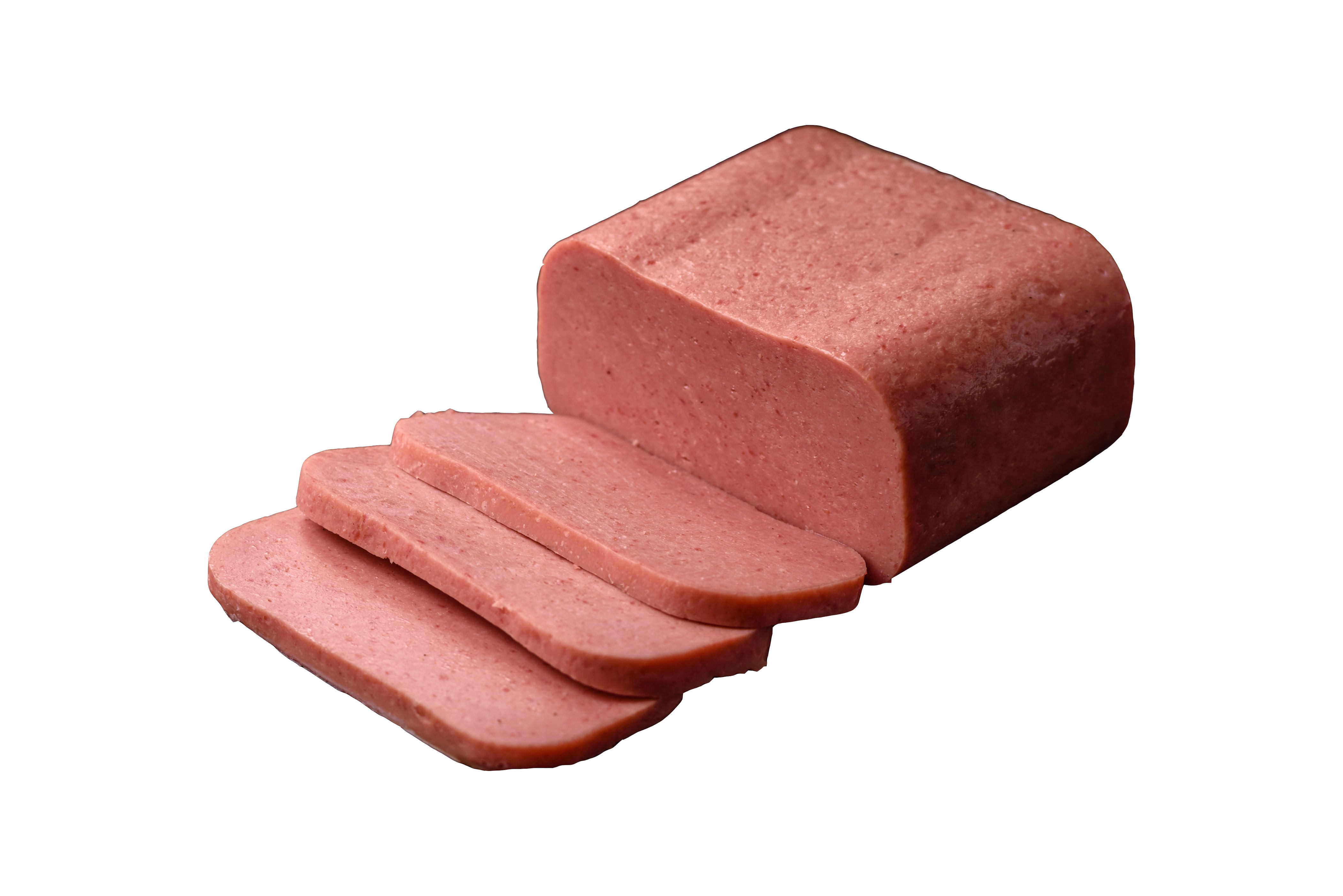 Sliced canned luncheon meat displayed on a white background