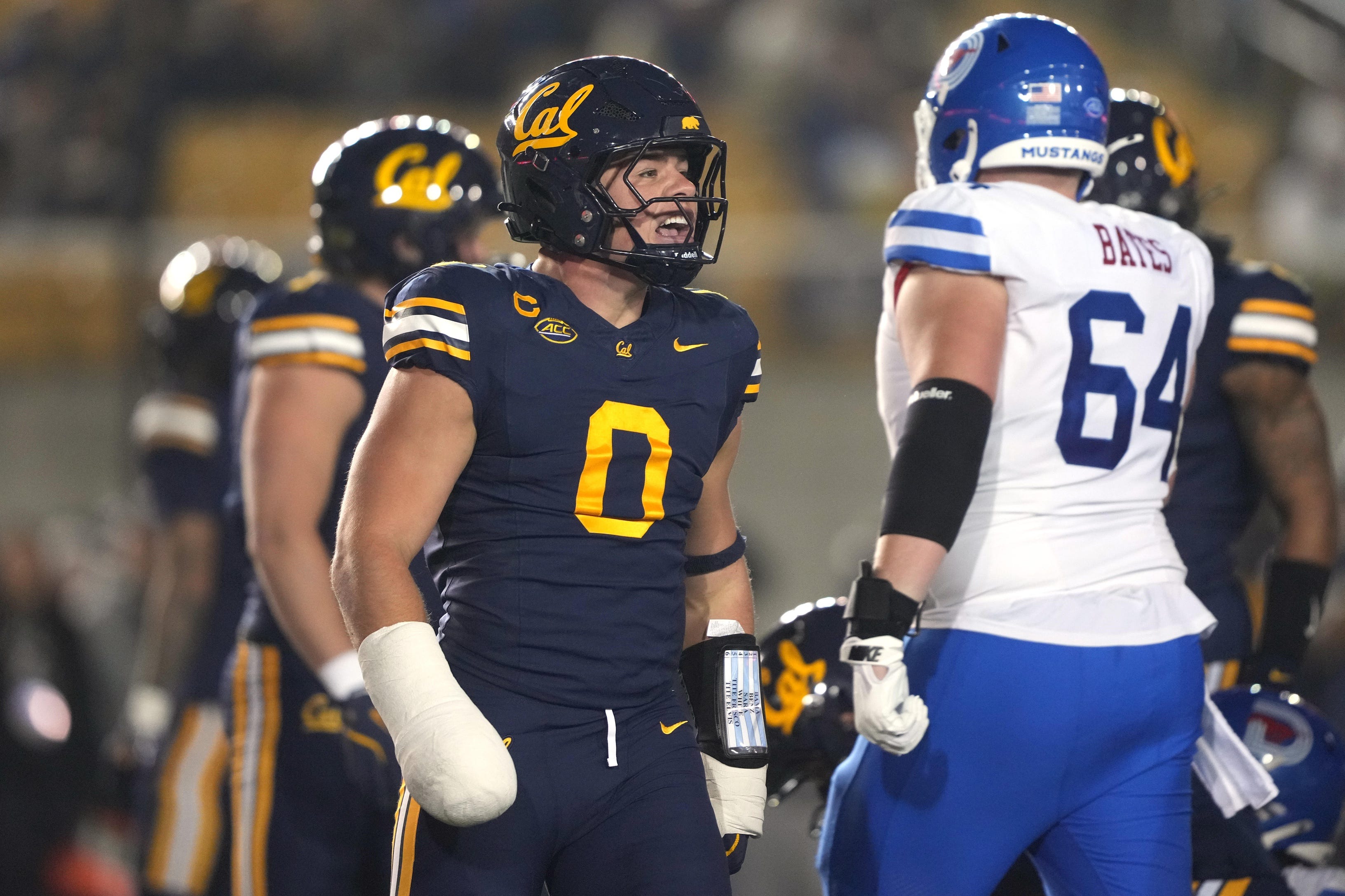 Nov 29, 2025; Berkeley, California, USA; California Golden Bears linebacker Cade Uluave (0) reacts after a tackle during the second quarter against the Southern Methodist Mustangs at California Memorial Stadium. Mandatory Credit: Darren Yamashita-Imagn Images