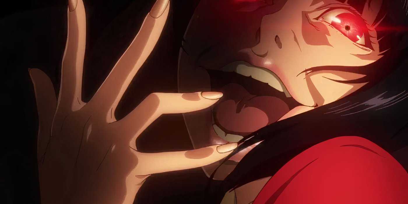 Yumeko Jabami covers her laugh with glowing red eyes in Kakegurui.