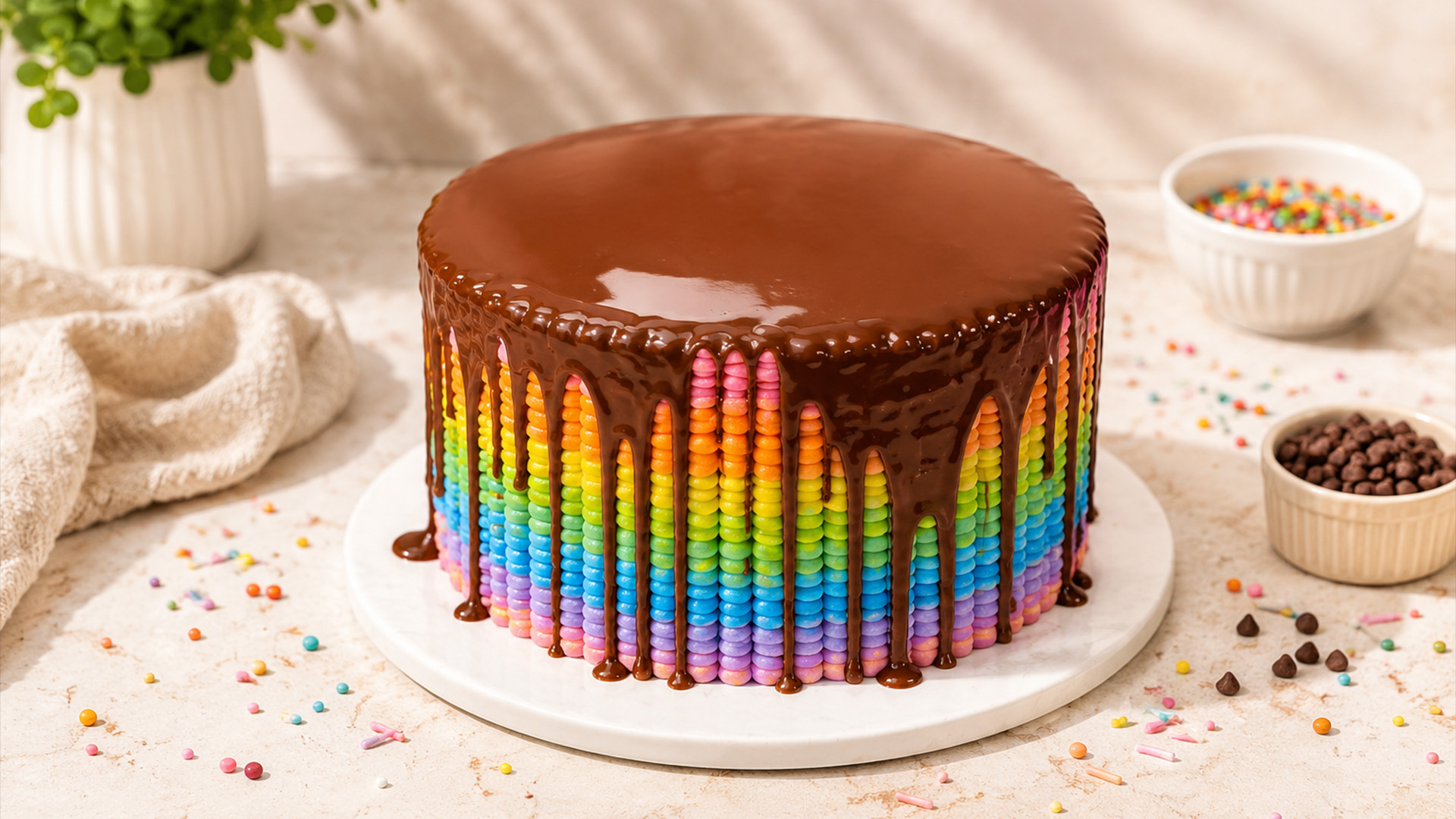 Rainbow sprinkle cake with chocolate drip topping