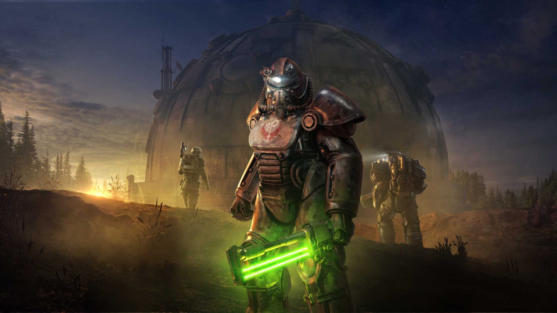 Several Fallout suits are standing in the wastelands.