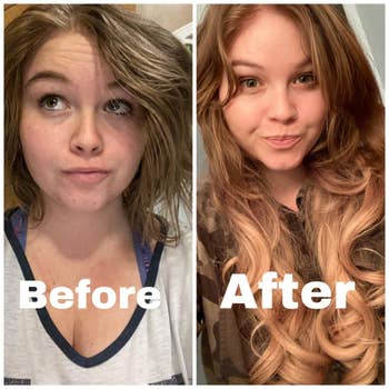 Side-by-side images of a woman showing a hair transformation from short, tousled hair to long, styled waves. Text reads