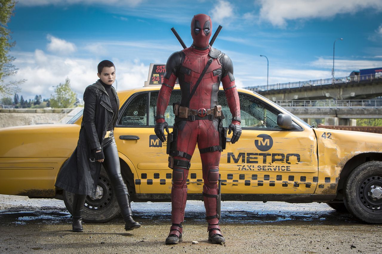 Brianna Hildebrand and Ryan Reynolds in 'Deadpool'.