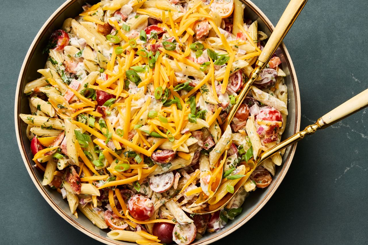 Million Dollar Pasta Salad in a large gray bowl ready to serve