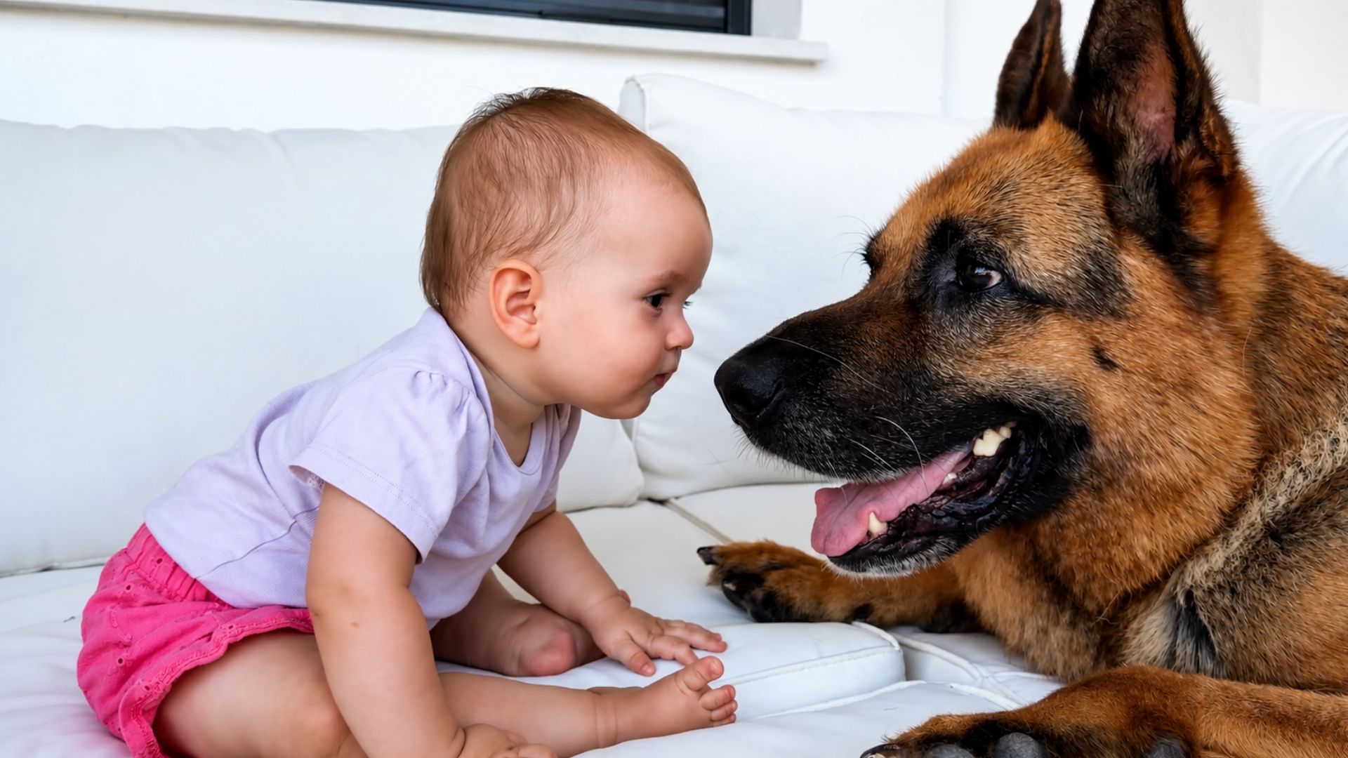 Baby tries to kiss a gentle German shepherd